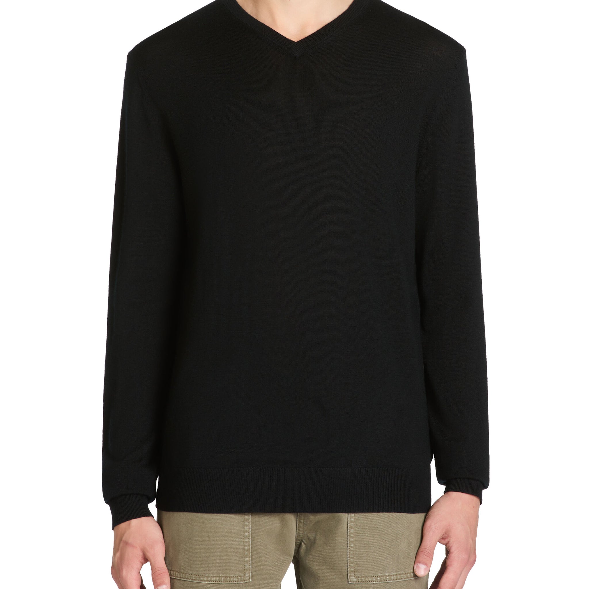 100% Merino Wool V-Neck Sweater - Black