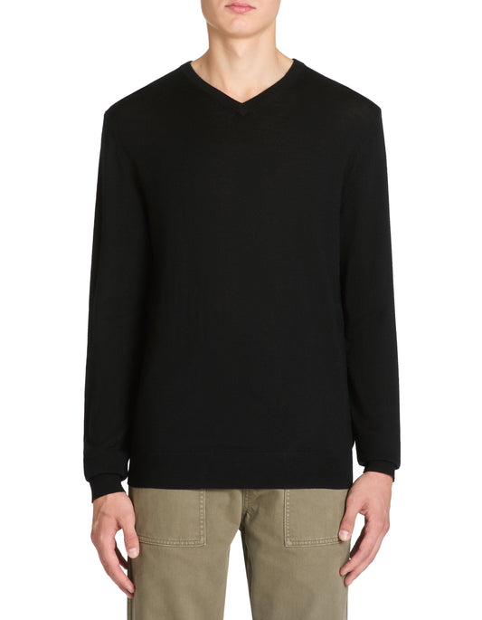 100% Merino Wool V-Neck Sweater - Black