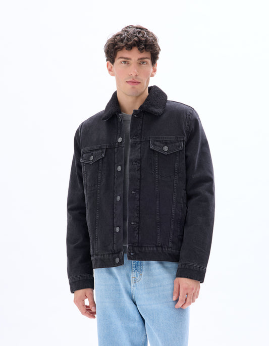 Sherpa-lined denim jacket - black