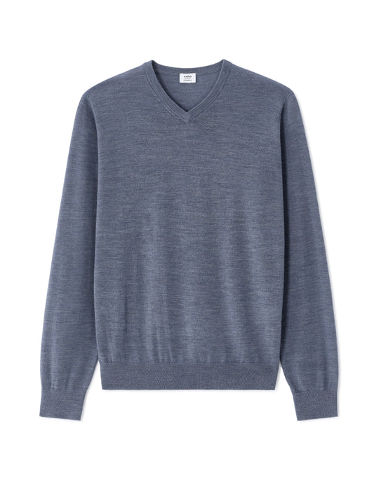 100% Merino Wool V-Neck Sweater - Medium Blue
