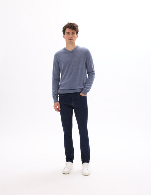 100% Merino Wool V-Neck Sweater - Medium Blue
