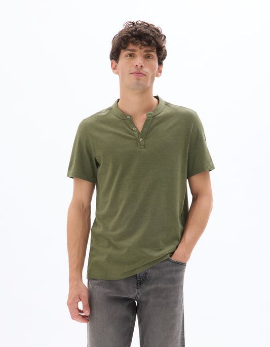 Straight Cut Henley Mixed T-Shirt