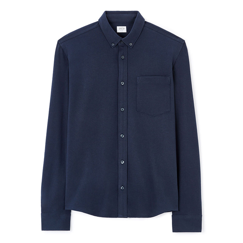 Regular Stretch Cotton Pique Shirt - Navy
