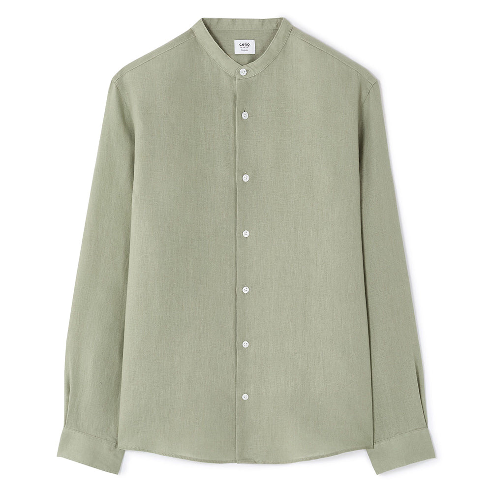 Regular-Fit 100% Linen Mandarin Collar Shirt - Sage Green