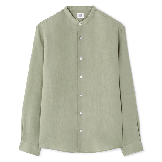 Regular-Fit 100% Linen Mandarin Collar Shirt - Sage Green