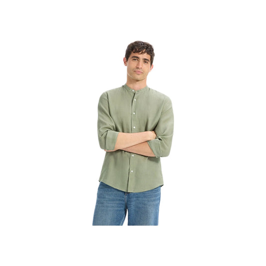 Regular-Fit 100% Linen Mandarin Collar Shirt - Sage Green