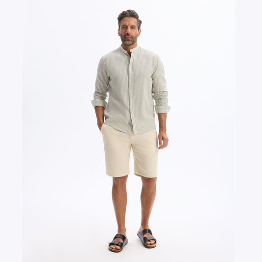 Regular Striped Shirt With Mandarin Collar In Linen And Cotton - Sage