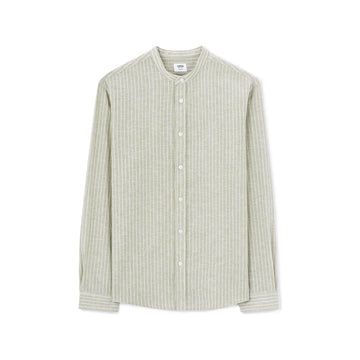 Regular Striped Shirt With Mandarin Collar In Linen And Cotton - Sage