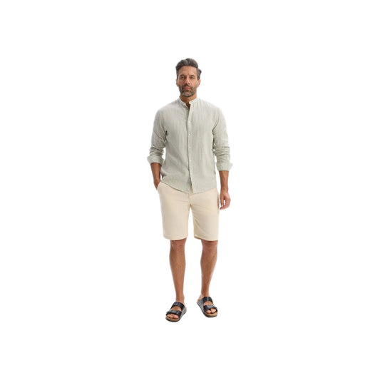 Regular Striped Shirt With Mandarin Collar In Linen And Cotton - Sage