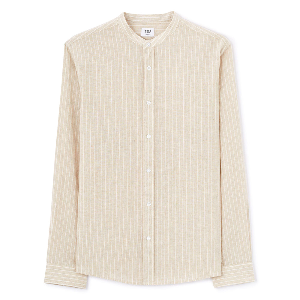 Regular Striped Shirt With Mandarin Collar In Linen And Cotton - Natural