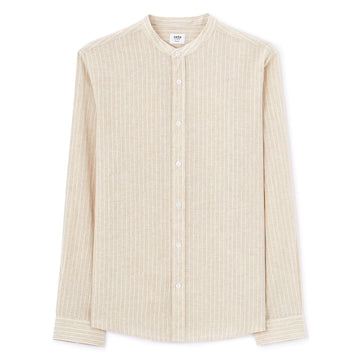 Regular Striped Shirt With Mandarin Collar In Linen And Cotton - Natural