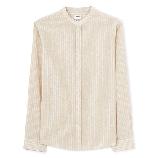 Regular Striped Shirt With Mandarin Collar In Linen And Cotton - Natural