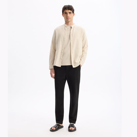 Regular Striped Shirt With Mandarin Collar In Linen And Cotton - Natural
