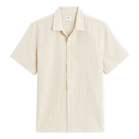 Regular Striped Linen And Cotton Shirt - Beige