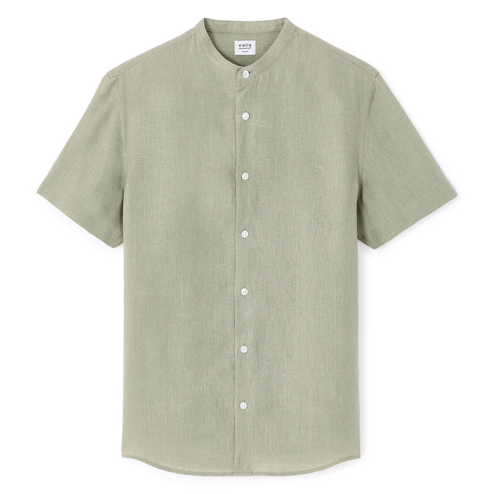Regular-Fit 100% Linen Mandarin Collar Shirt - Sage Green