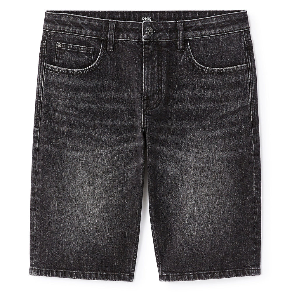 Stretch Cotton Denim Bermuda Shorts - Black