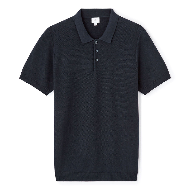 Regular-Fit 100% Cotton Textured Knit Polo Shirt - Navy