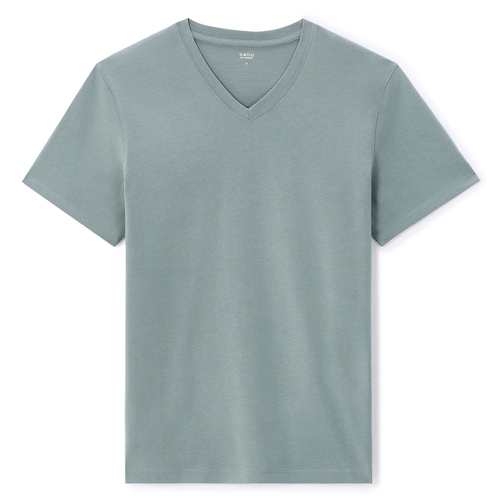 100% Cotton Straight V-Neck T-Shirt - Grey-Green
