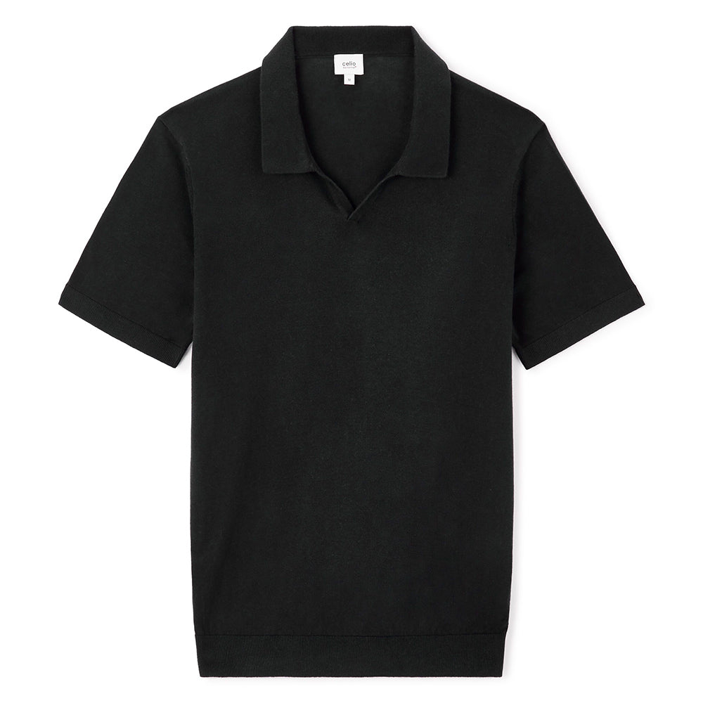 Slim-Fit 100% Cotton Knit Polo Shirt - Black